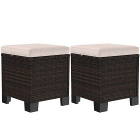 Outsunny 2 Pieces Wicker Outdoor Ottomans with Cushions, Rattan Ottoman Footrest & Side Table for Patio Yard Poolside, Cream