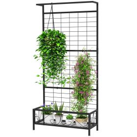 Outsunny Metal Tall Plant Stand with Trellis and Hanging Bar, Plant Holder for Indoor Outdoor Use, 36" x 12.8" x 74", Black