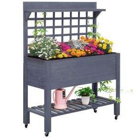 Outsunny Raised Garden Bed with Wheels Trellis Storage Shelf Wooden Planter Box Gray