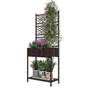 Outdoor Wicker Planter With Trellis For Climbing Plants, Freestanding Rattan Garden Box With Storage Shelf, Brown (Color: Brown)